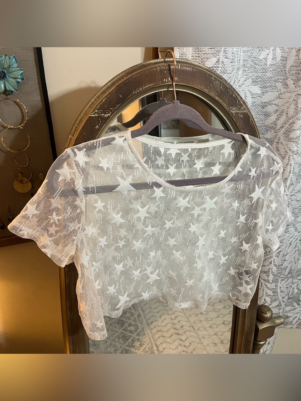 SHEIN White Star Sheer Mesh Crop Top